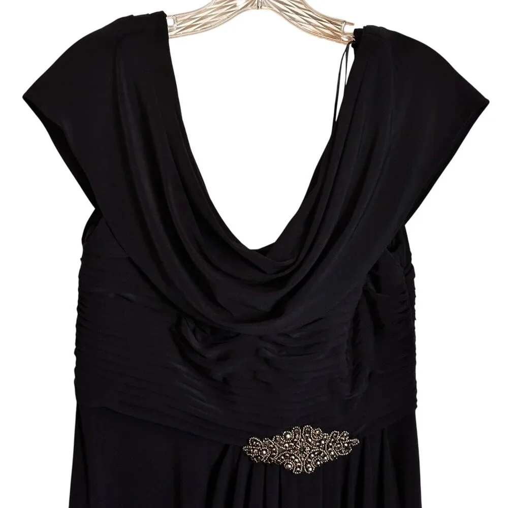 Alex Evenings SZ 8 Sleeveless Maxi Dress With Embellished Waist Draped Neck Navy